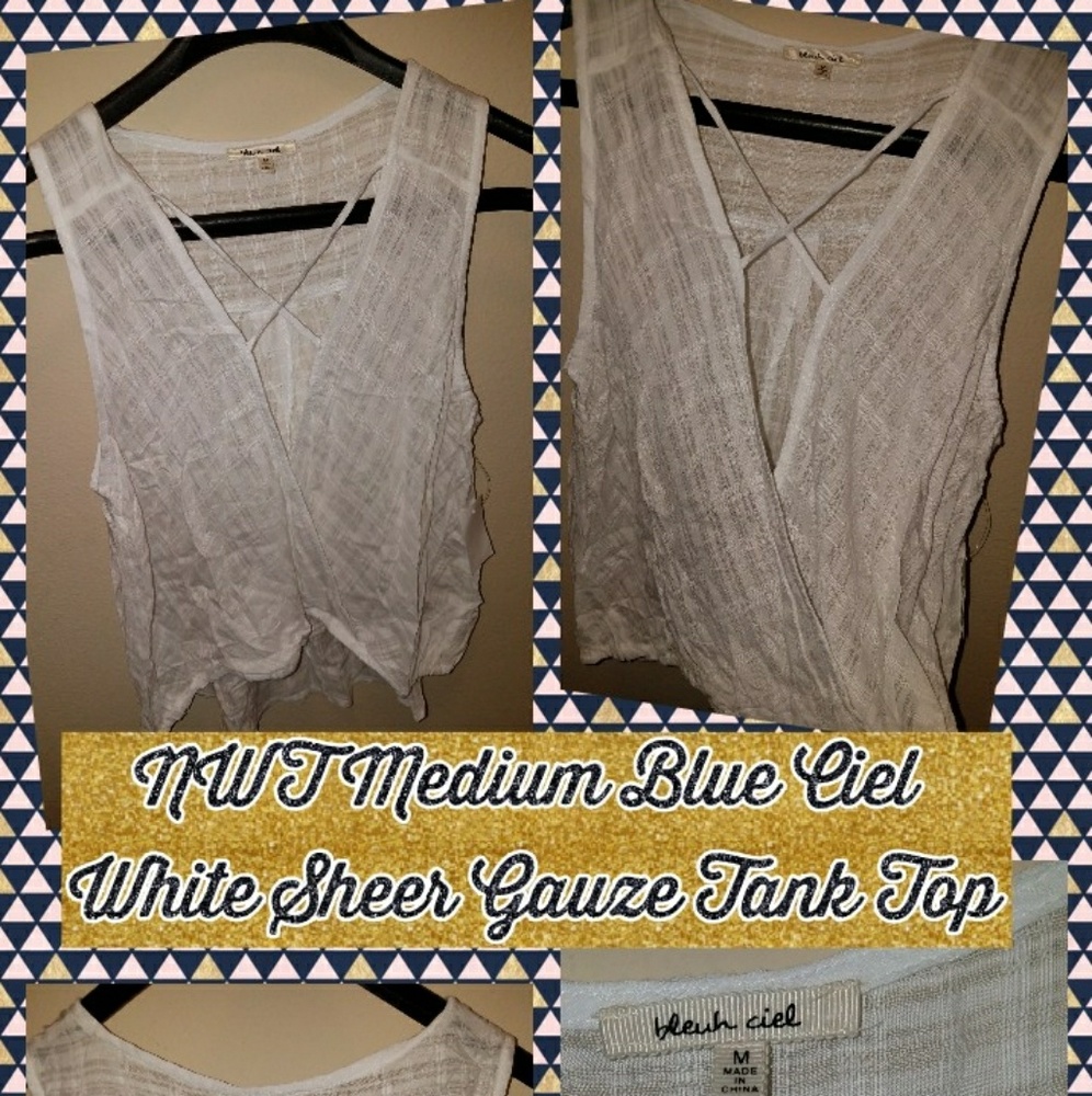 NWT Med Blue Ciel White Sheer Gauze Tank Top